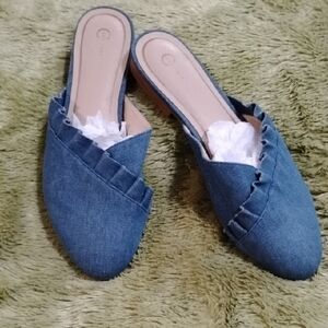 Blue Denim Mules with Frayed Details